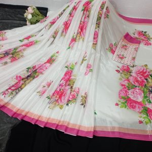 Premium White Chanderi Silk Saree with Elegant Pink Rose Bouquet Print